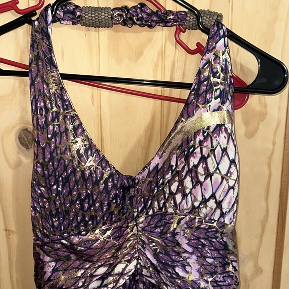 Shoreline Halterneck Purple and Gold Textured dress. - Picture 2 of 5
